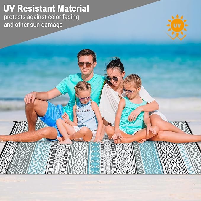 GAOMON Reversible Outdoor Rug 9'x18' Waterproof Plastic Straw Rug, Patio Rug, Large Modern Area Rug Carpet, Indoor Outdoor Rugs for Camping, Porch, Deck, Balcony, Backyard, Blue/Grey(Bohemia)