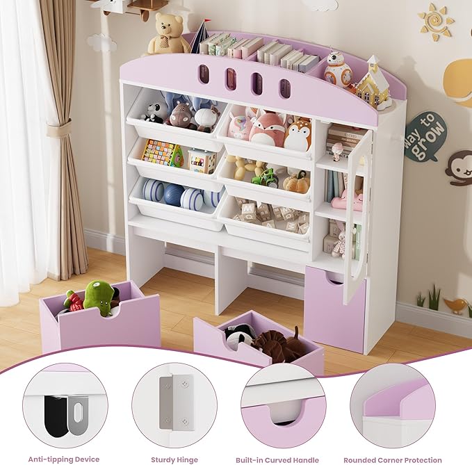 FOTOSOK Toy Organizers and Storage with Door, Playroom Organization, Bookshelf and Bookcase with 3 Drawers and 6 Mobile Bins, Toy Storage Organizer for Living Room