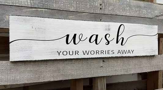 Farmhouse Bathroom Sign, Wash Your Worries Away, Rustic Wooden Bathroom Wall Art Decor, Inspirational Signs Bath Wall Hanging Art Home Decor (Wash) 6x18 Inch