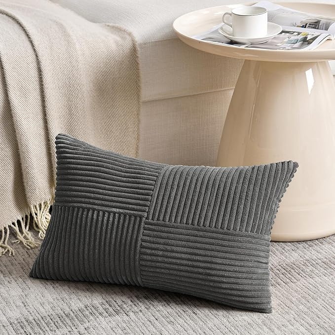 Fancy Homi 2 Packs Dark Gray Long Lumbar Decorative Throw Pillow Covers 16x24 Inch for Couch Bed Sofa, Rustic Farmhouse Boho Home Decor, Soft Striped Corduroy Rectangle Accent Cushion Case 40x60 cm