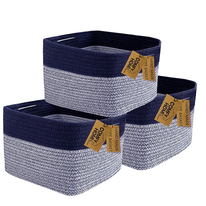 COMFY-HOMI 3PACK Rectangular Cotton Rope Basket With Handles for Shelves|Dog Toy|Baby Gift - Dark Blue (13.5" x 11" x 9.5")