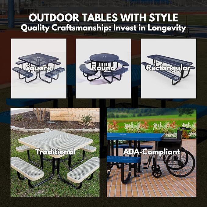Coated Outdoor Furniture Heavy-Duty Portable ADA-Compliant Outdoor Picnic Table with Umbrella Hole, Punched Steel Patio Dining Furniture Made in America (46" Round Top, Textured Burgundy)
