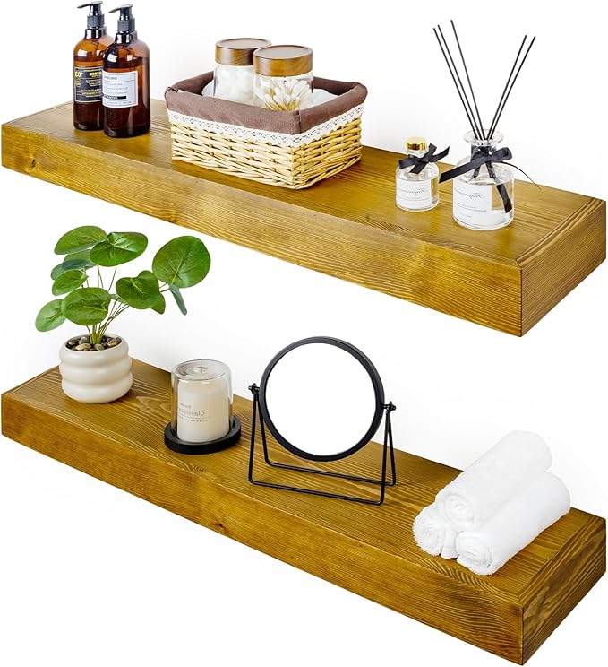 Floating Shelves 3 inch Thick for Wall Set of 2,Solid Pine Wood Wall Mount Shelf for Kitchen Living Room Bedroom Bathroom,8" D x 24" L x 3" H-Gold Oak