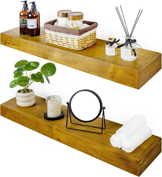 Floating Shelves 3 inch Thick for Wall Set of 2,Solid Pine Wood Wall Mount Shelf for Kitchen Living Room Bedroom Bathroom,8" D x 24" L x 3" H-Gold Oak
