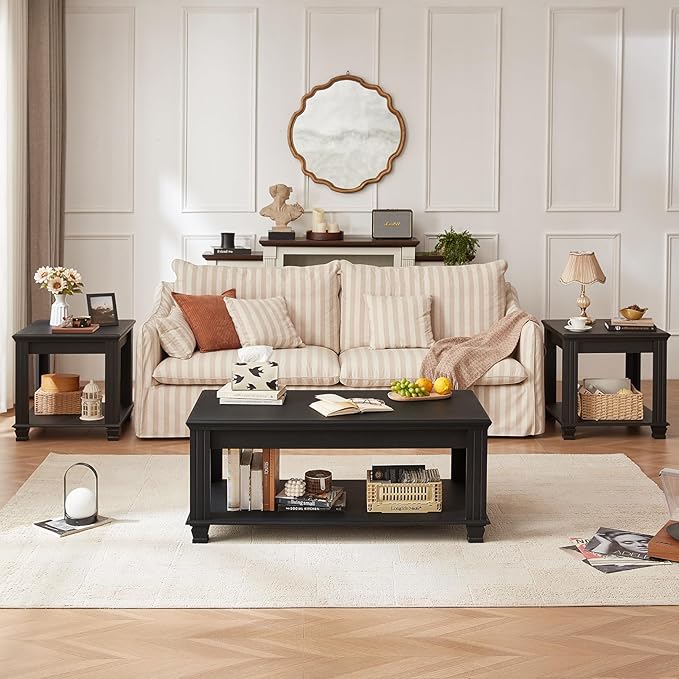 Farmhouse Coffee Tables for Living Room,Square Tea Table with Open Storage Shelf,Large Coffee Table,Rustic Wooden Center Table,Black