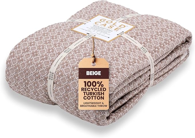 Gold Case Throw Blanket for Bed – 100% Recycled Turkish Cotton Bed Blanket – Decorative Throw Cotton Blankets for Living Room & Bedroom – Woven Twin Blankets - 71x90 - Beige
