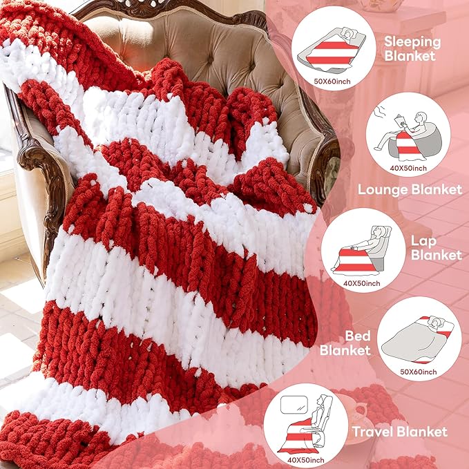 Chunky Knit Blanket - Luxury Soft Cozy 50 * 60 Throw Blanket,100% Woven Blanket Rope Knot Throw Blanket for Couch, Sofa, Home Decor, Gift - Machine Washable（White/Wine red）