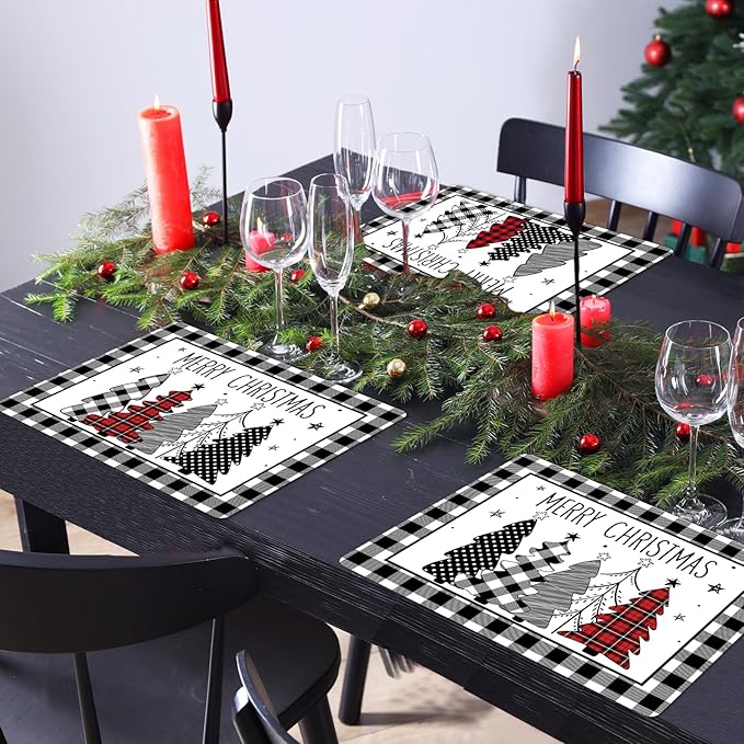Christmas Placemats Set of 6 Christmas Tree Plastic Table Mats Xmas Trees Black and White Buffalo Plaid Place Mats Winter Holiday Table Decoration for Indoor Outdoor Party Kitchen Dining