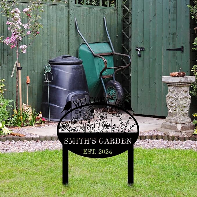 Custom Metal Flower Sign with Stakes - Personalized Garden Decor, Housewarming Gift - Large Yard Sign Plaque