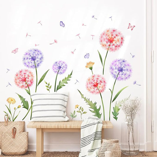 Dandelion Flower Butterfly Wall Decals Pink Purple Dandelion Plants Wall Stickers Peel and Stick Vinyl Wall Art Decor for Living Room Bedroom Office TV Sofa Backdrop Home Decor Gifts for Mom