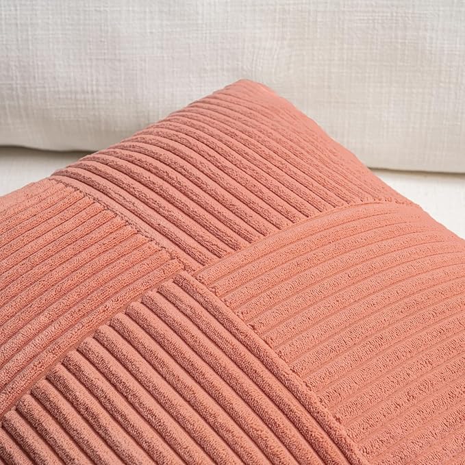 Fancy Homi 2 Packs Coral Lumbar Decorative Throw Pillow Covers 14x24 Inch for Living Room Couch, Rustic Farmhouse Boho Home Decor, Soft Striped Corduroy Rectangle Accent Peach Cushion Case 35x60 cm