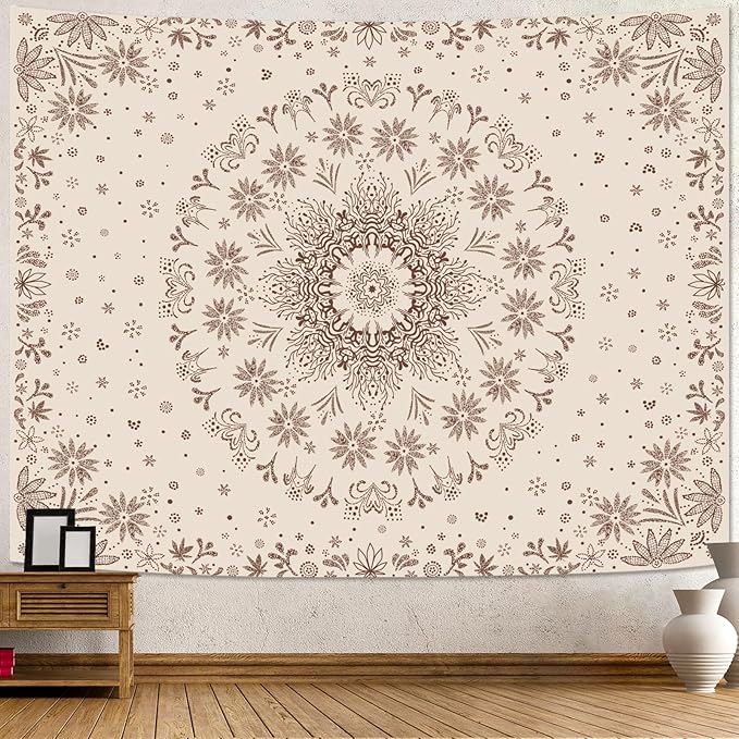 Fowocu Boho Floral Mandala Tapestry Wall Hanging Bohemian Flower Medallion Tapestry Aesthetic Beige Brown Hippie Indian Small Tapestries for Bedroom Living Room Dorm Decor 60 x 44 Inch