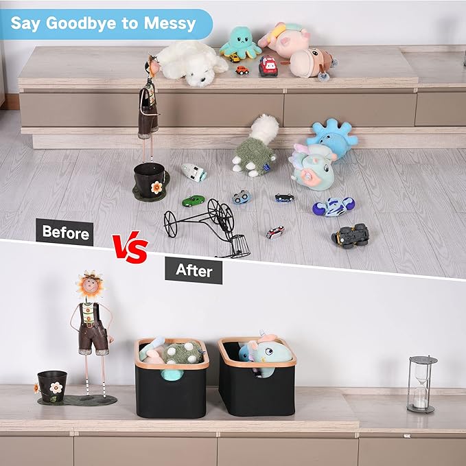 efluky Storage Baskets for Organizing, Fabric Storage Bins with Bamboo Handles, Collapsible Storage Baskets for Shelves and Closet, Black Set of 2