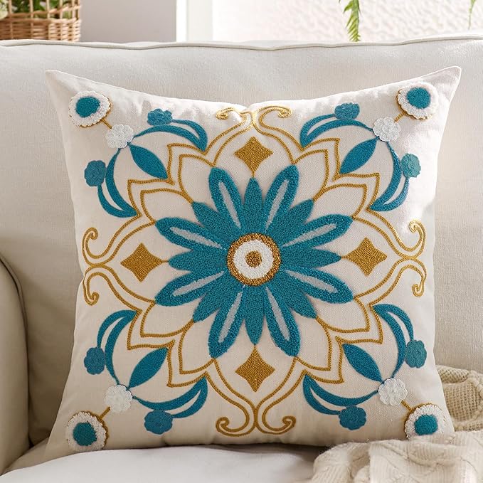 Embroidered Throw Pillow Cover 18x18 Classic Boho Floral Pattern Pillows Cover Outdoor Decorative Pillowcase,Durable Cozy Textured Cushion Case for Sofa Couch Bed Living Room,Teal