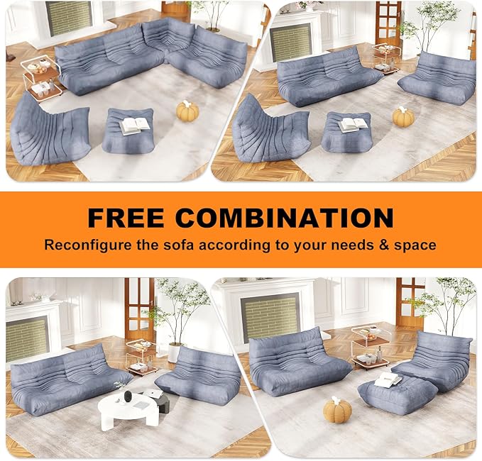 Full Foam Loveseat Sofa,Adults Bean Bag Chairs Floor Couch with Soft Waterproof Fabric,Armless Fireside Lounge Chair for Living Room,Apartment and Office (Grey)