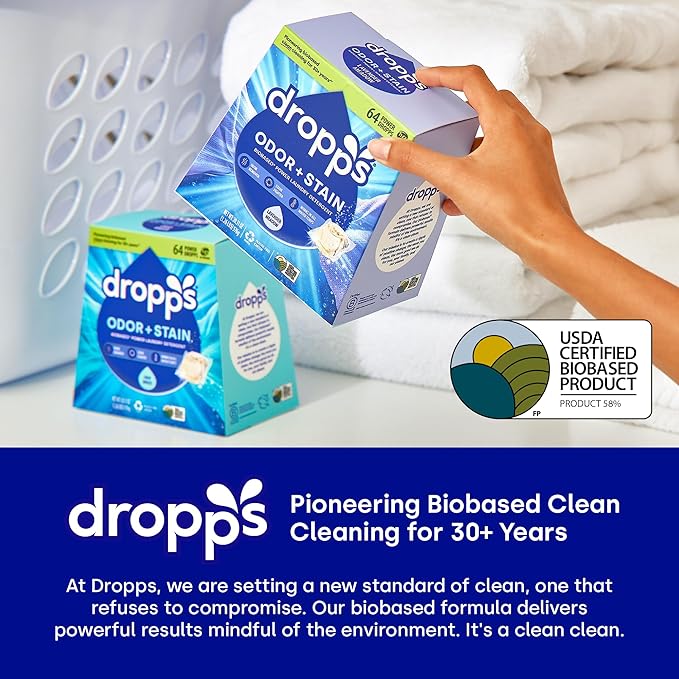 Dropps Odor & Stain Biobased Power Laundry Detergent Pods, Crisp Breeze (64 Pods) - HE Compatible Laundry Pods for Fresh Clothes - Laundry Soap Supplies & Recyclable Paperboard Packaging