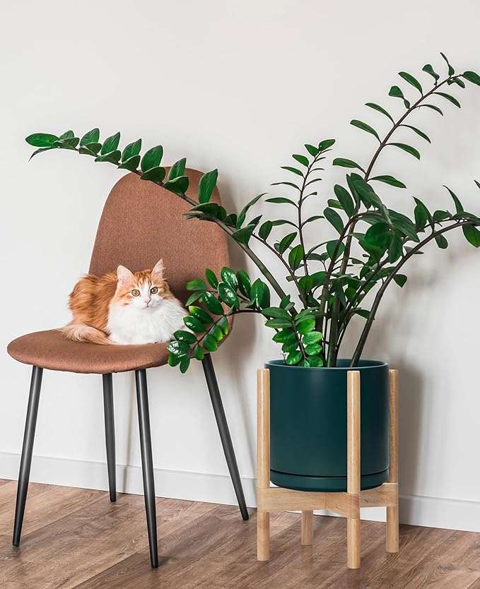 D'vine Dev Ceramic Planter with Natural Stand - 10 Inch Modern Round Flower Pot with Wood Planter Holder, Teal, 55-B-K-4