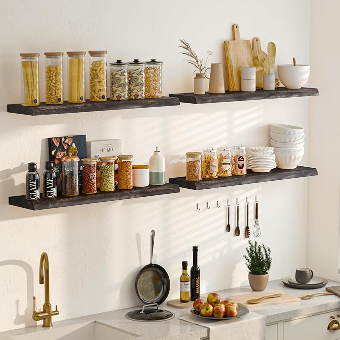 Fun Memories Solid Elm Wood Floating Shelves, 42 Inch Floating Shelves for Wall, Wall-Mounted Live Edge Wooden Shelves with Invisible Heavy-Duty Brackets for Books, Bathroom, Kitchen, Walunt Finish