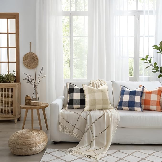 decorUhome Buffalo Plaid Check Throw Pillow Covers 16x16 Set of 2, Outdoor Decorative Farmhouse Neutral Pillow Covers with Stitched Edge for Bed Couch Sofa, Black and White