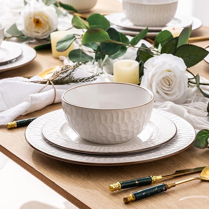GBHOME Ceramic Dinnerware Sets,12 pcs Embossed Elegant Stoneware Plates and Bowls Sets, Housewarming Wedding Gift | Dishwasher & Microwave Safe | Dishes Set Service for 4