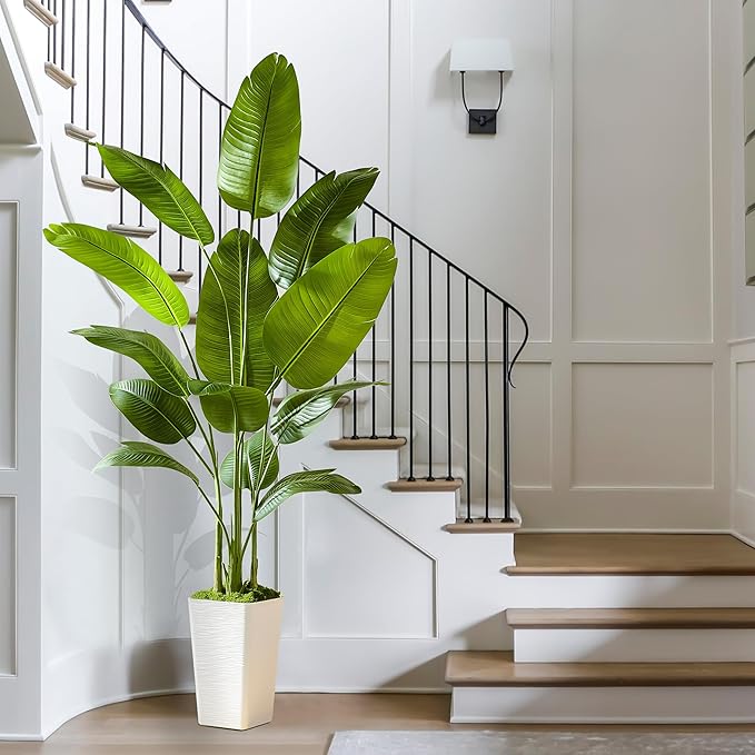 Fake Bird of Paradise Silk Artificial Plant Faux Banana Leaf Tree Lifelike Bird of Paradise for Home Decor Indoor Floor Plant with 10 Trunks (1, White Tall Planter, 6 FT)