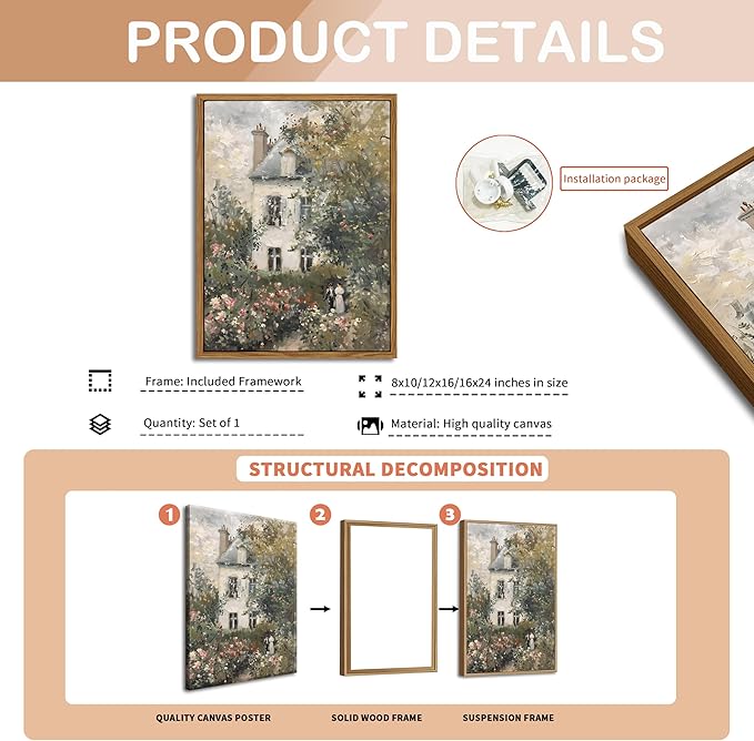 Floating Framed Canvas Vintage Wall Art, Neutral English Cottage Rose Garden Oil Paintings Print, Spring Pictures Wall Decor for Living Room Hallway Bedroom Office Rustic Decor 16x24 inch