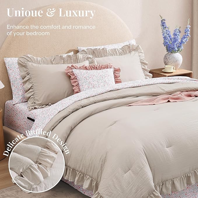Full Comforter Set - 7 Pieces Ruffle Beige Bedding Sets, Shabby Chic Farmhouse Bed in a Bag Full with Ruffle Comforter, Floral Sheets, Pillowcases & Shams