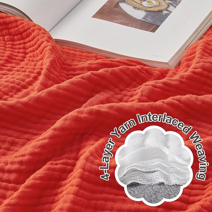 EMME Cotton Throw Blanket - 100% Muslin Soft, Breathable Gauze - All Season, Lightweight - Pre-Washed - Orange Rust, 50"x70"