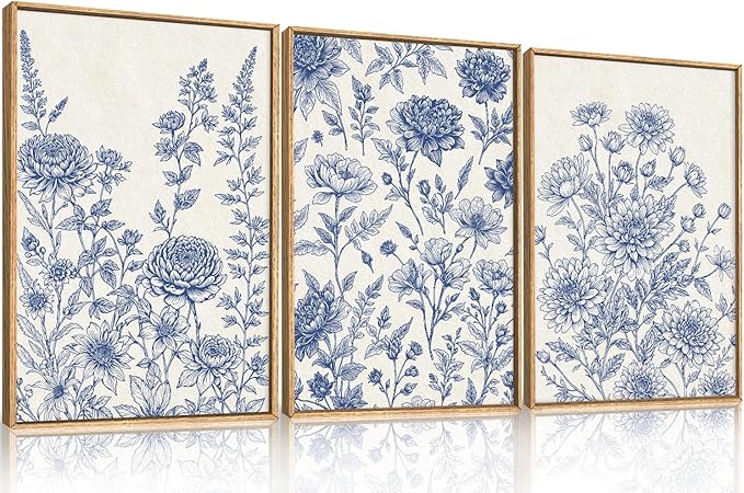 Classic Chinoiserie Floral Framed Canvas Wall Art Set, Blue and White Flower Wall Decor, Navy Watercolor Wall Painting, Minimalist Wildflower Art Print for Living Room, Bedroom - 24"x36"×3