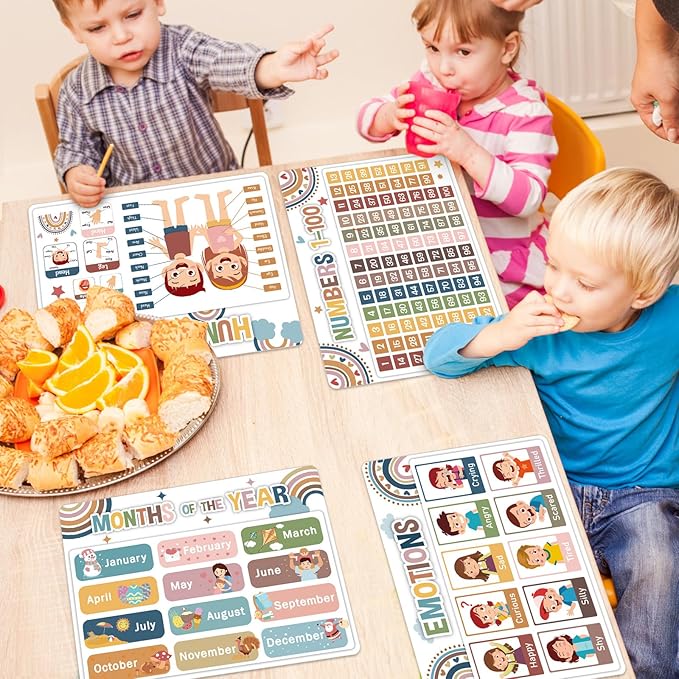 Educational Preschool Kids Placemats Set of 6 Boho Toddler Montessori Plastic Table Mats Non Slip Reusable Kids Place Mats Washable Table Decoration for Indoor Outdoor Party Kitchen Dining