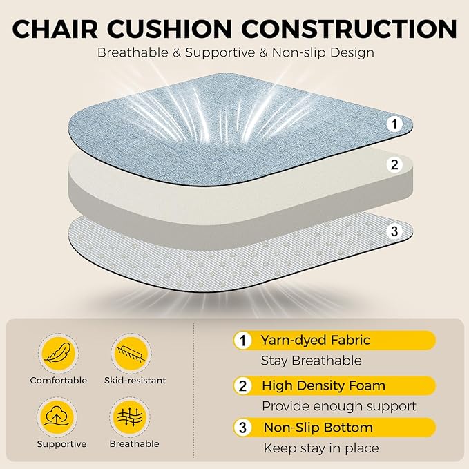 downluxe Indoor Chair Cushions for Dining Chairs, Soft and Comfortable Textured Foam Kitchen Chair Pads with Ties and Non-Slip Backing, 16" x 16" x 2", Light Blue, 6 Pack