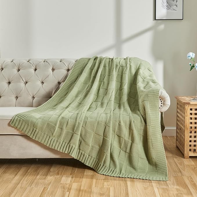 CozeCube Check Knit Throw Blanket, Sage Green Checkered Throw for Couch, Decorative Christmas Soft Cozy Warm Knitted Blanket for Bed Sofa Living Room, 60"X80"