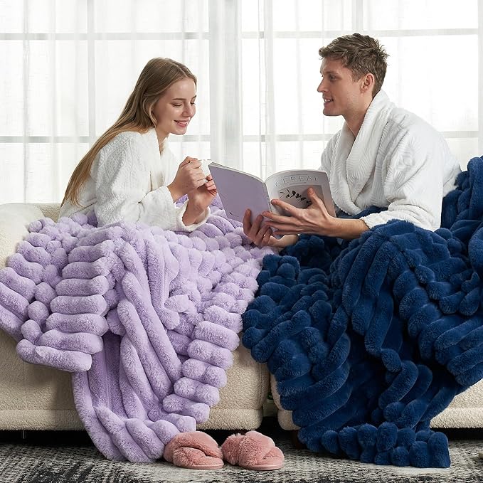 Cozy Bliss Faux Fur Throw Blanket for Couch, Cozy Warm Plush Striped Blanket for Sofa Bedroom Living Room, 60 * 80 Inches Lavender Purple