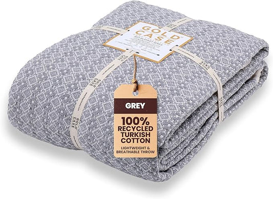Gold Case Throw Blanket for Bed – 100% Recycled Turkish Cotton Bed Blanket – Decorative Throw Cotton Blankets for Living Room & Bedroom – Retro Grey Woven Queen Blankets – 90x90