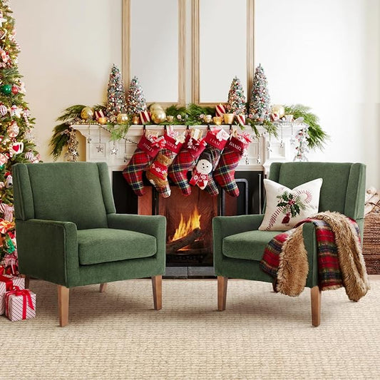 COLAMY Modern Wingback Living Room Chair Set of 2, Upholstered Fabric Accent Armchair, Single Sofa Chair with Lounge Seat and Wood Legs for Bedroom/Office/Reading Spaces, Green