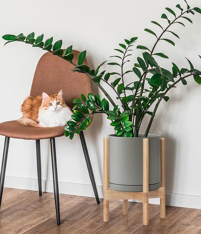 D'vine Dev Ceramic Planter with Natural Stand - 10 Inch Modern Round Flower Pot with Wood Planter Holder, Grey, 55-B-K-3