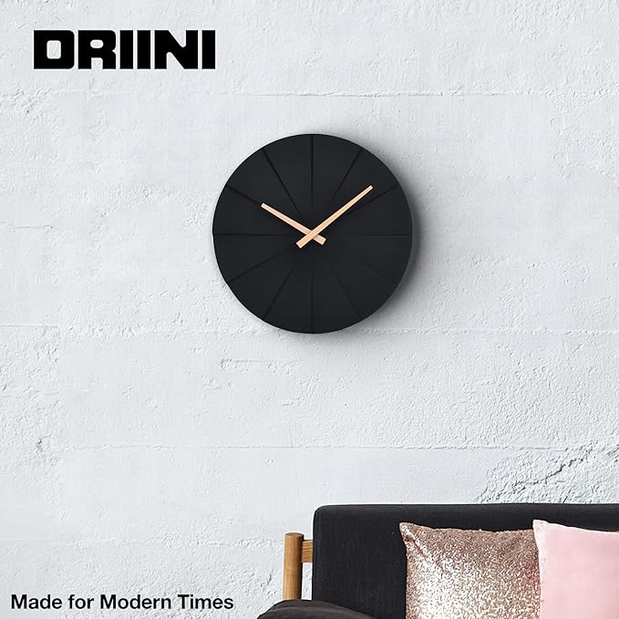 Driini Staircase Modern Wall Clock - Unique 10.5 in. Frameless Concrete Design - Contemporary, Minimalist Decor; No Numbers - Silent Battery Operated Clocks with Decorative Wooden Hands; Black