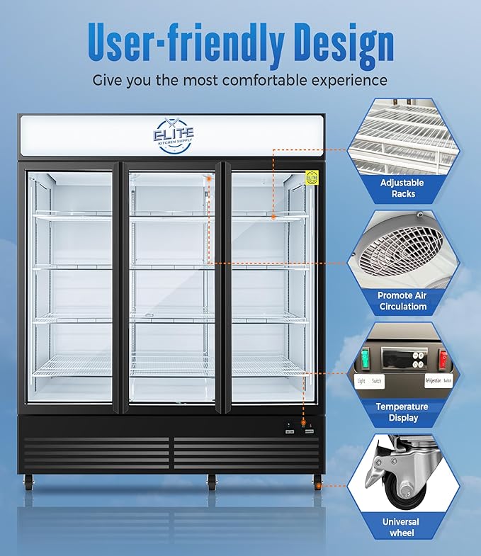 Commercial 3-Door Display Refrigerator, 49.8 cu.ft, LED Lighting, Dynamic Cooling, ETL Listed, Black GDC-42