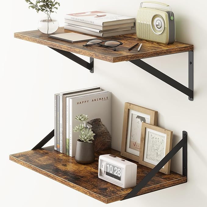 Fun Memories 20 Inch Floating Shelves, Deep Wall Shelves for Kitchen, 20 x 12 Floating Shelf for Living Room, Bedroom, Farmhouse Floating Shelves for Home Decor Storage, Rustic Brown, Set of 2