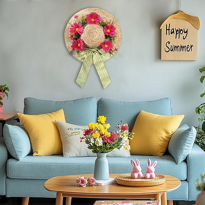Dilicoming Spring Wreaths for Front Door - 16 Inch Spring Summer Hat Wreath with Artificial Flower, Gift for Women, Indoor Outdoor Wreaths for Wall, Window, Farmhouse, Party, Holiday Home Décor