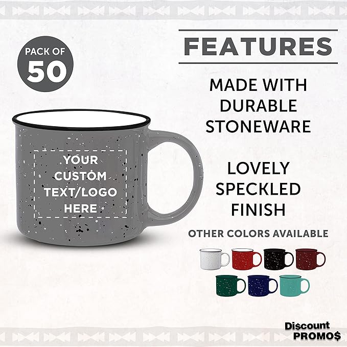 DISCOUNT PROMOS Custom Ceramic Campfire Coffee Mugs 13 oz. Set of 50, Personalized Bulk Pack - Perfect for Tea, Espresso, Cappuccino, Hot Cocoa - Grey