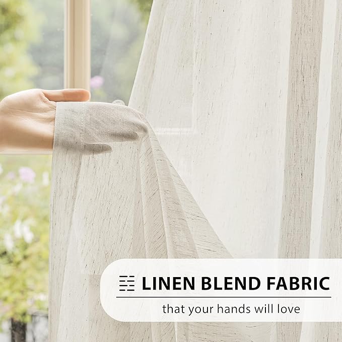 FMFUNCTEX Linen Sheer Curtains for Bedroom, Beige Curtains 63 inch Length for Living Room, Natural Flax Blend Window Draperies for Farmhouse Curtain, Rod Pocket 2 Panels