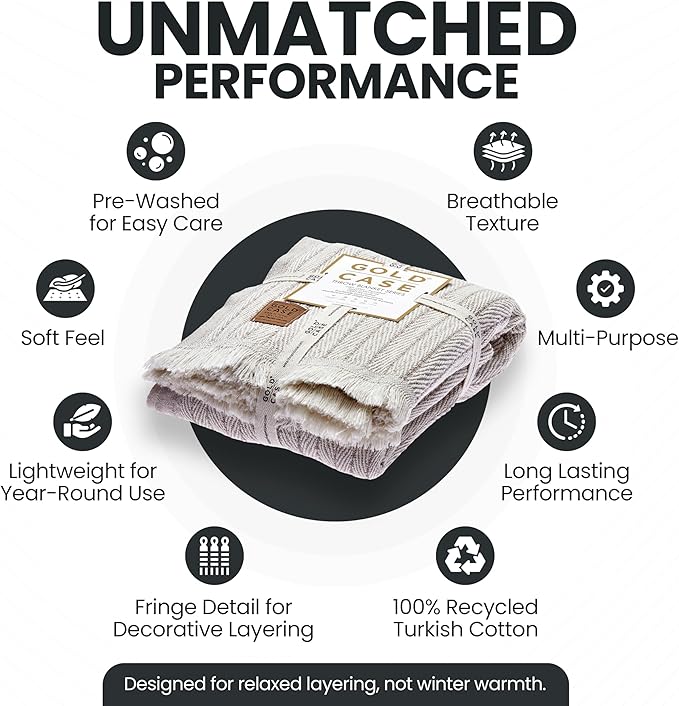 Gold Case Throw Blanket for Couch – 100% Recycled Turkish Cotton Blankets & Throws – Elegant Decorative Throw Blankets for Living Room Sofa – Woven Throws for Couch – Vintage Beige – 50x60