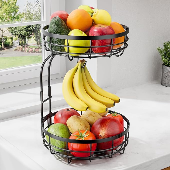 Fruit Basket for Kitchen Counter - 2-Tier Large Capacity Fruit Bowl with Detachable Banana Hanger, Rust-Proof Metal Fruit Holder for Vegetables, Bread, Toiletry,10" D x 10" W x 14" H, Black