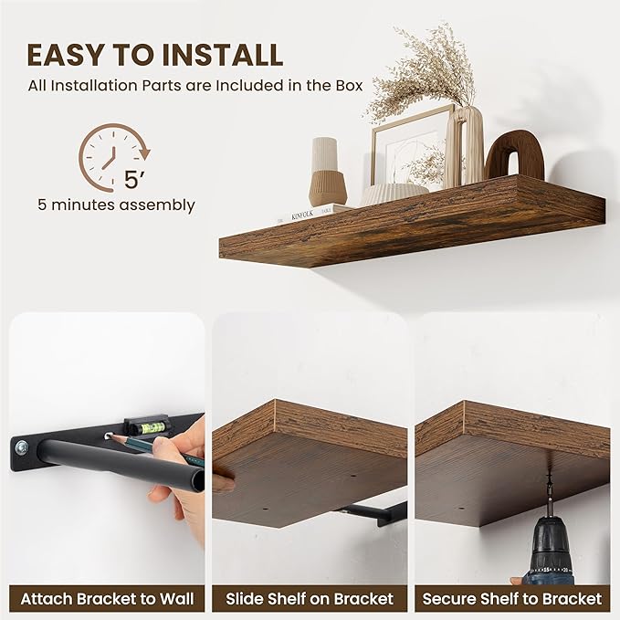 Fun Memories Floating Shelves for Wall 36 Inches, Wood Shelves with Invisible Bracket, 10" Deep Shelves Wall Mounted, Large Floating Shelves for Living Room Bathroom, Rustic Brown, Set of 2