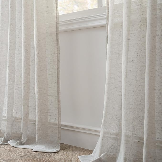 FMFUNCTEX Linen Sheer Curtains for Bedroom, Grey Curtains 96 inches Long for Living Room, Gray Farmhouse French Flax Blend Window Draperies, Rod Pocket 2 Panels Set
