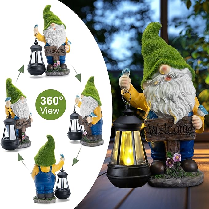Garden Gnome Outdoor Statues with Solar Lights,Resin Flocked Solar Gnome Statue Holding Lantern,Outdoor Gnomes Decorations for Garden, Patio Gnome Gifts for Mom