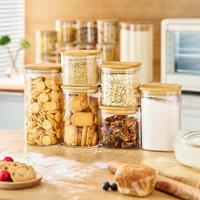 Extra Large Square Glass Flour & Sugar Storage Containers with Airtight Lids, 168 floz & 84 floz - 2 Pack Glass Jars with Bamboo Lids, Air tight Food Storage Containers for Cereal, Pasta, Rice