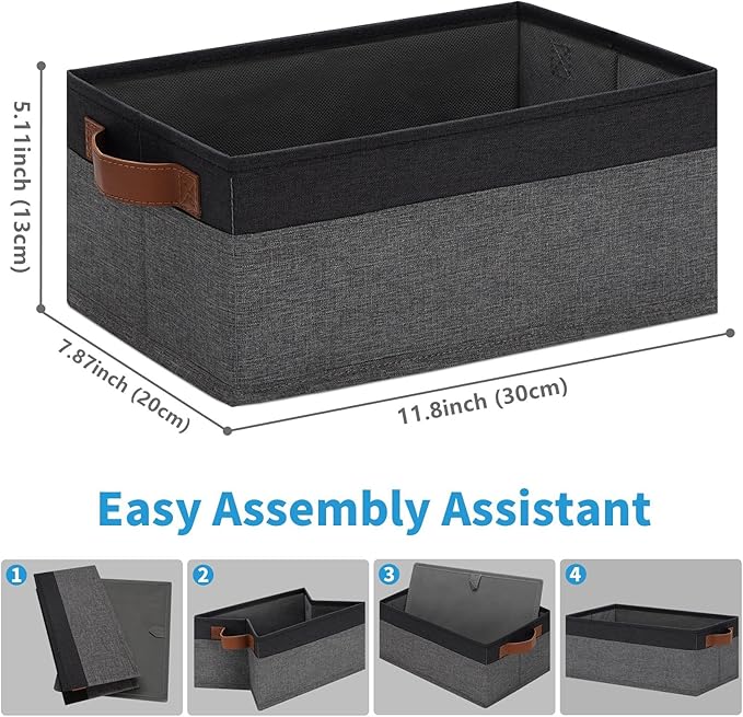 GhvyenntteS Small Fabric Storage Bins 12 Pack, 11.8" x 7.87" x 5.11" Storage Basket with Leather Handles, Closet Storage Bins for Shelves, Storage Baskets for Shelves, DVD Storage (Grey/Black)