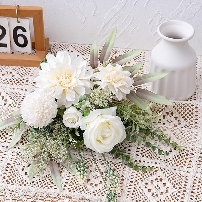 Fake Flowers in Vase, Artificial Flowers with Vase, 15.7'' Floral Arrangements for Dining Table Centerpiece Decor, Silk Roses & Faux Dahlia Bouquet for Farmfouse Kitchen Coffee Table Decor (White)